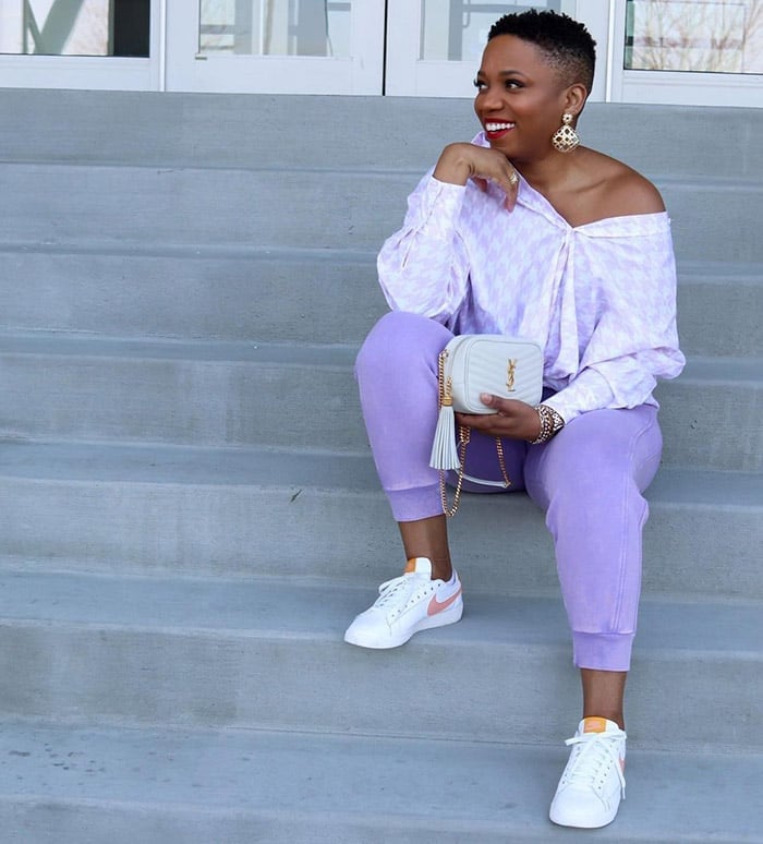 Lavender Sweatpants And Tie-Front Blouse Lavender Sweatpants And Tie-Front Blouse — Purple Outfits