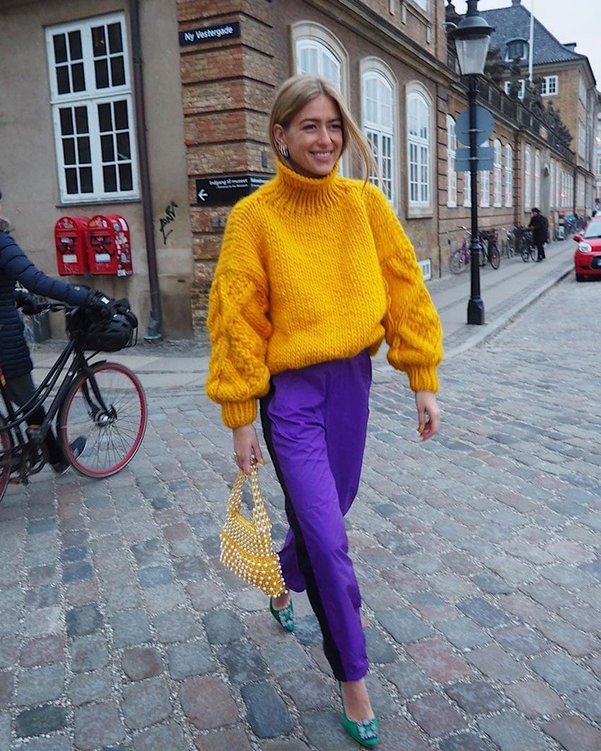 Bright Purple Track Pants With Oversized Yellow Sweater Bright Purple Track Pants With Oversized Yellow Sweater — Purple Outfits