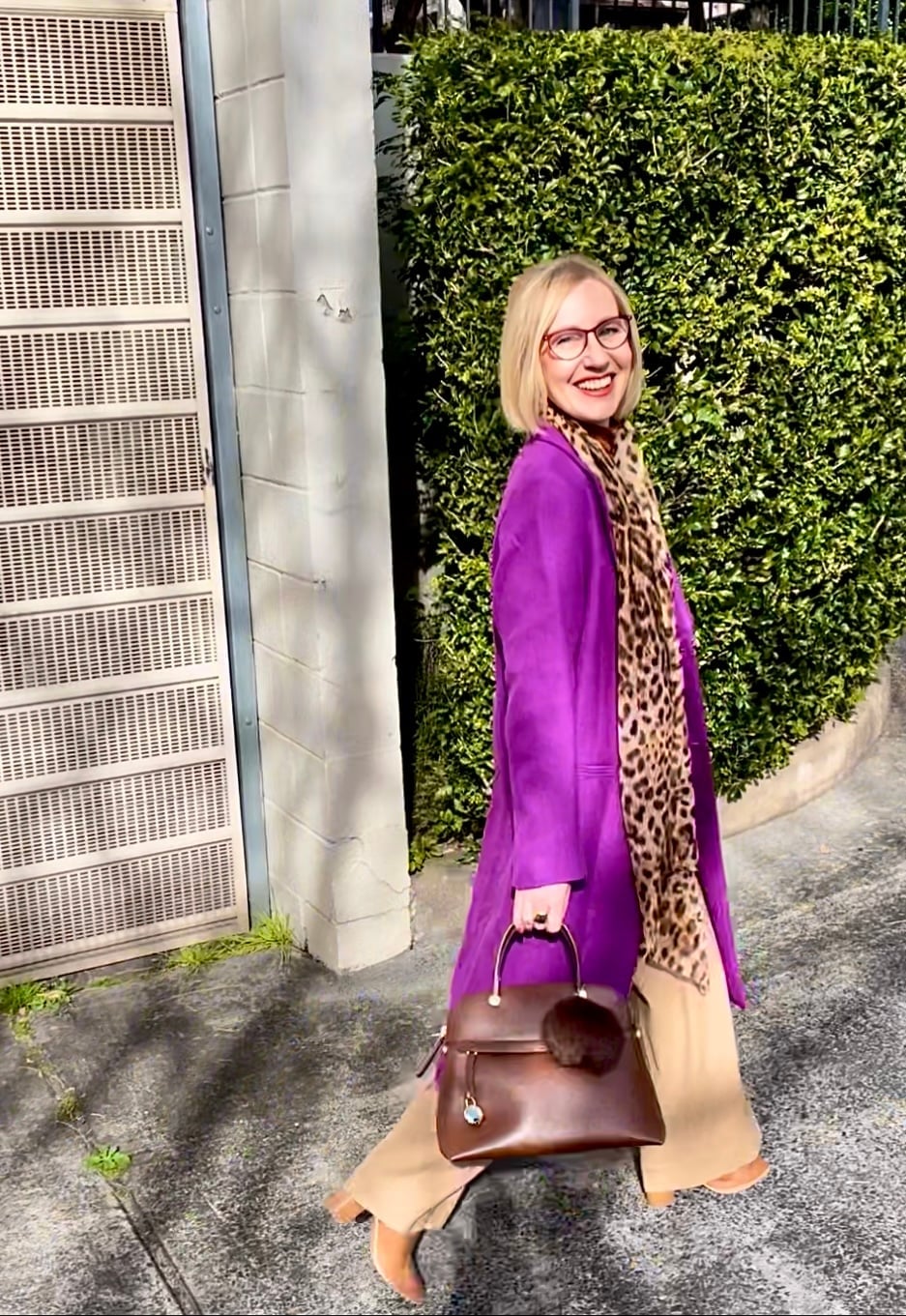 Purple Suede Coat With Leopard Print Scarf Purple Suede Coat With Leopard Print Scarf — Purple Outfits