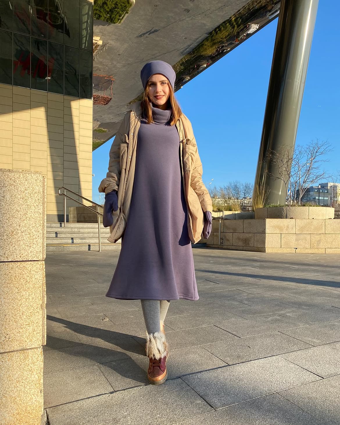 Purple Turtleneck Dress With Puffer Coat And Fur Boots