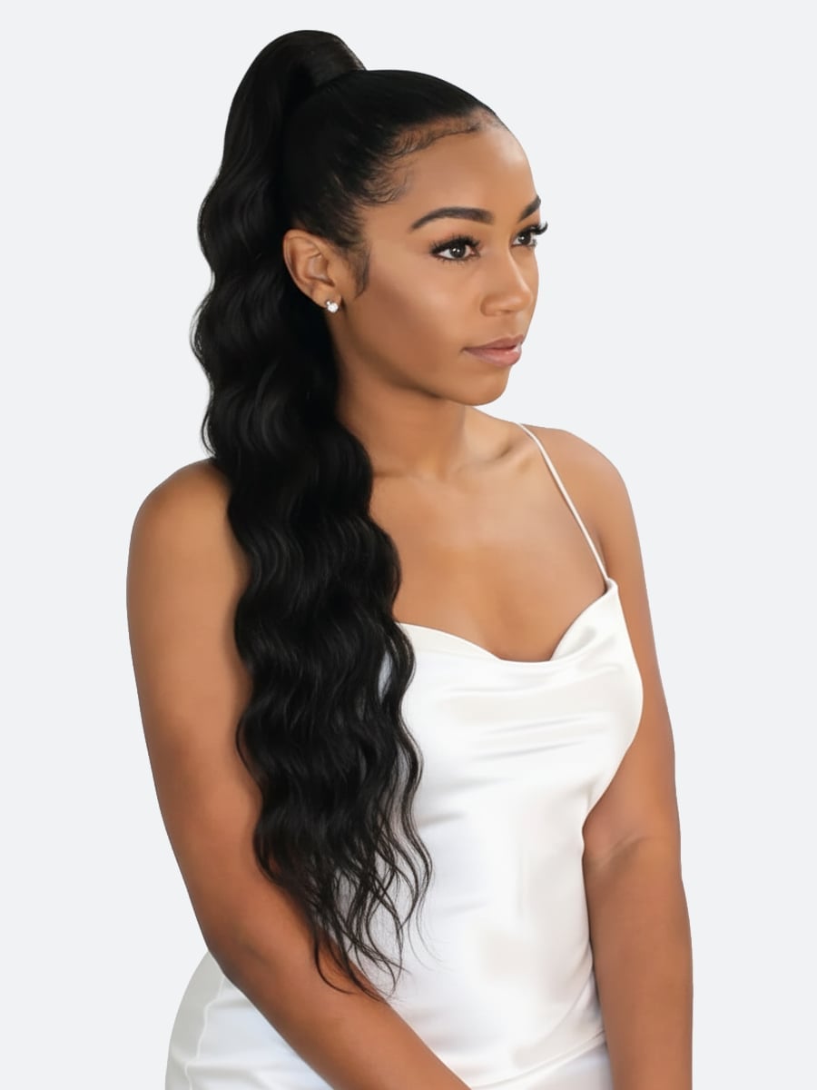 High Ponytail With Voluminous Black Waves — Quick Weave Ponytail