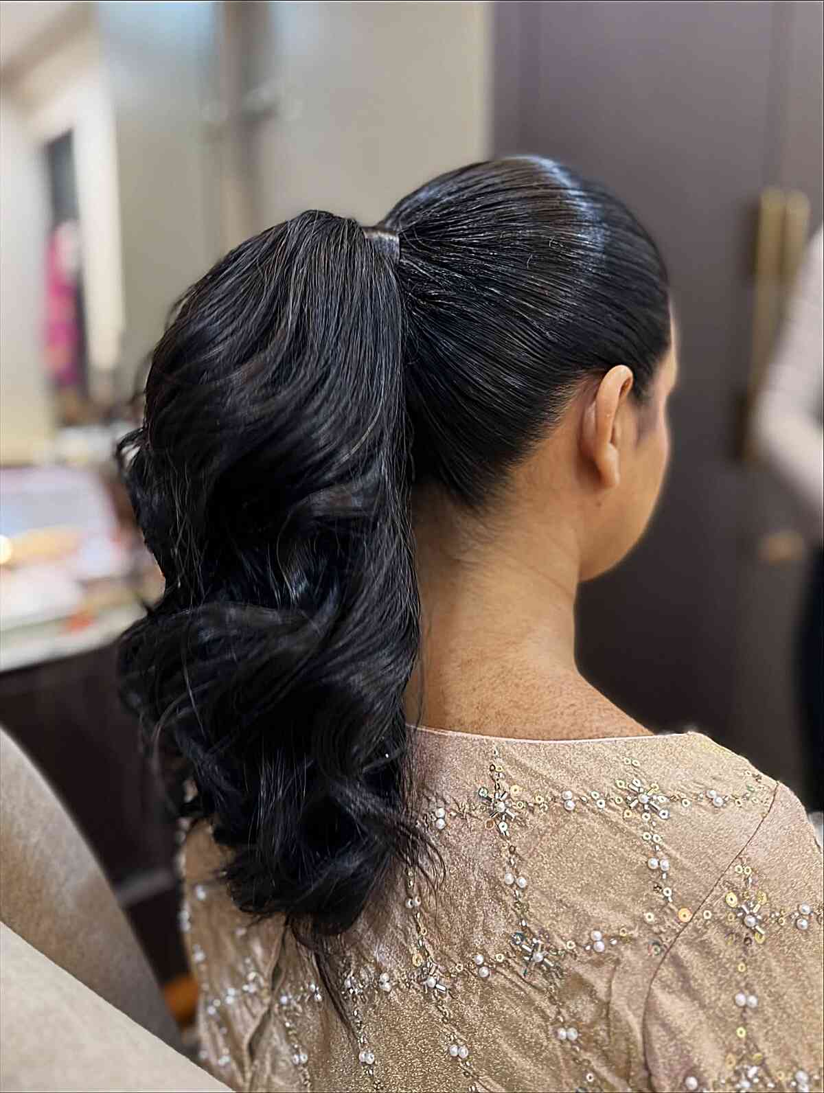 Dark Brown Sleek Ponytail Shoulder Length, Close-Up Take — Quick Weave Ponytail