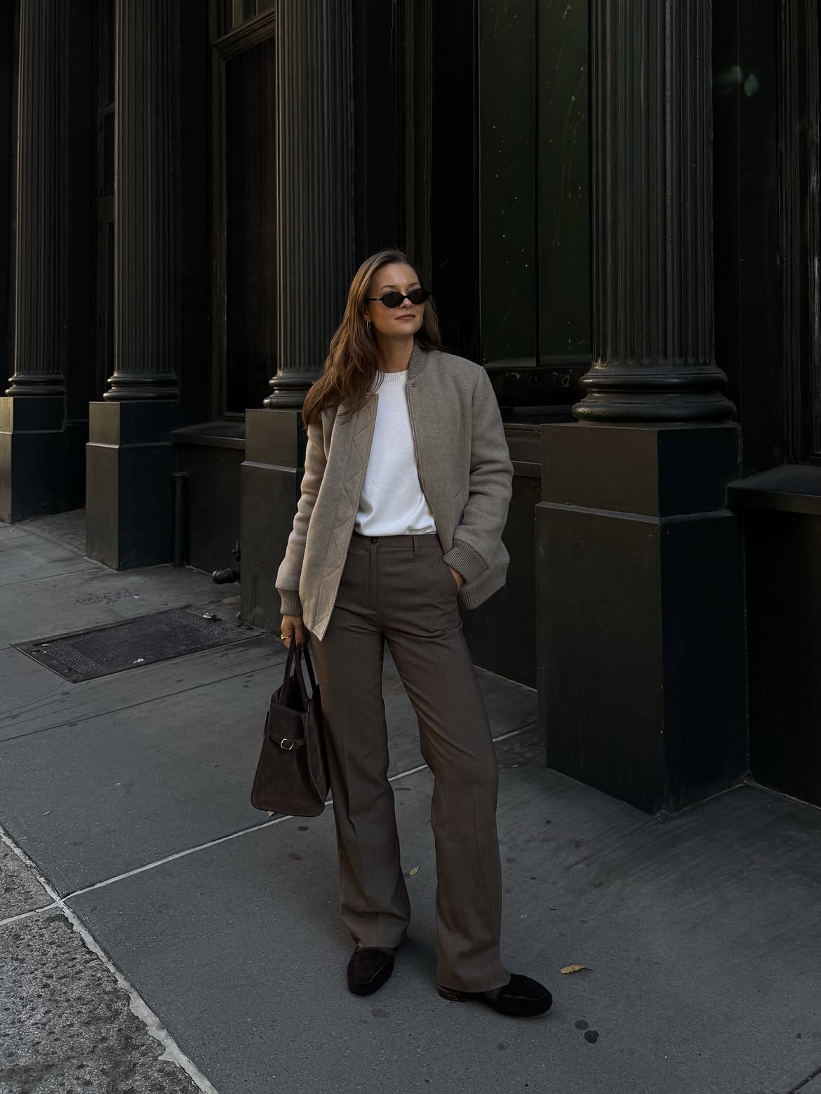 Quilted Bomber Over Wide Leg Trousers Street Style