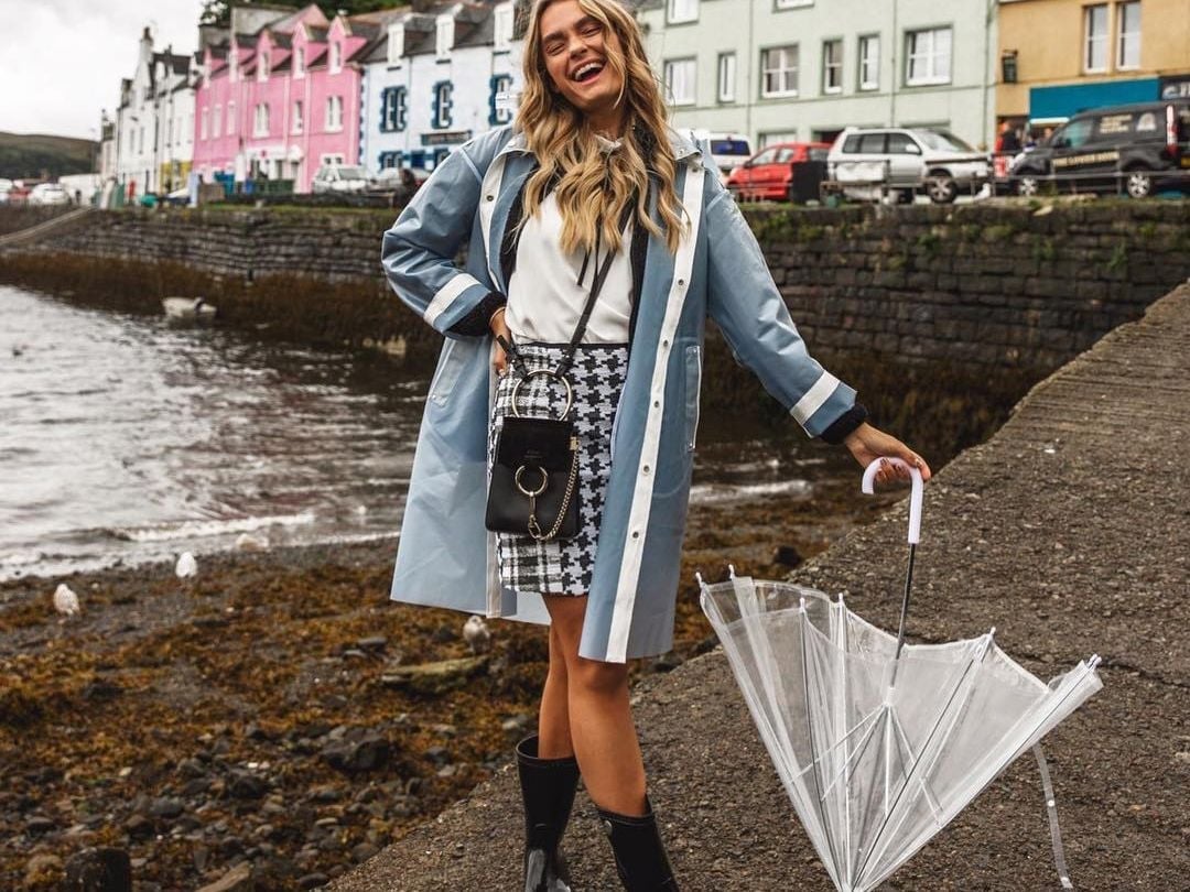 Light Blue Rain Jacket with Tweed Skirt and Rain Boots — Rain Jacket Outfits