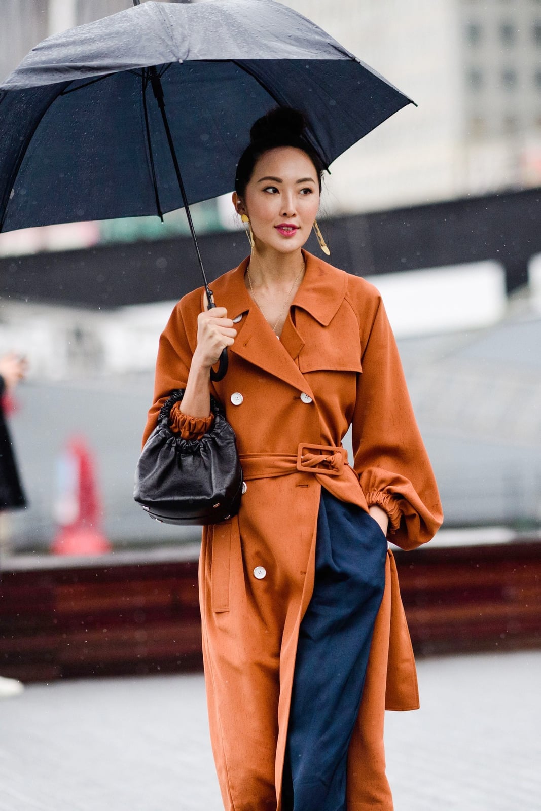 Oversized Orange Trench Coat with Balloon Sleeves, Close-Up Take — Rain Jacket Outfits