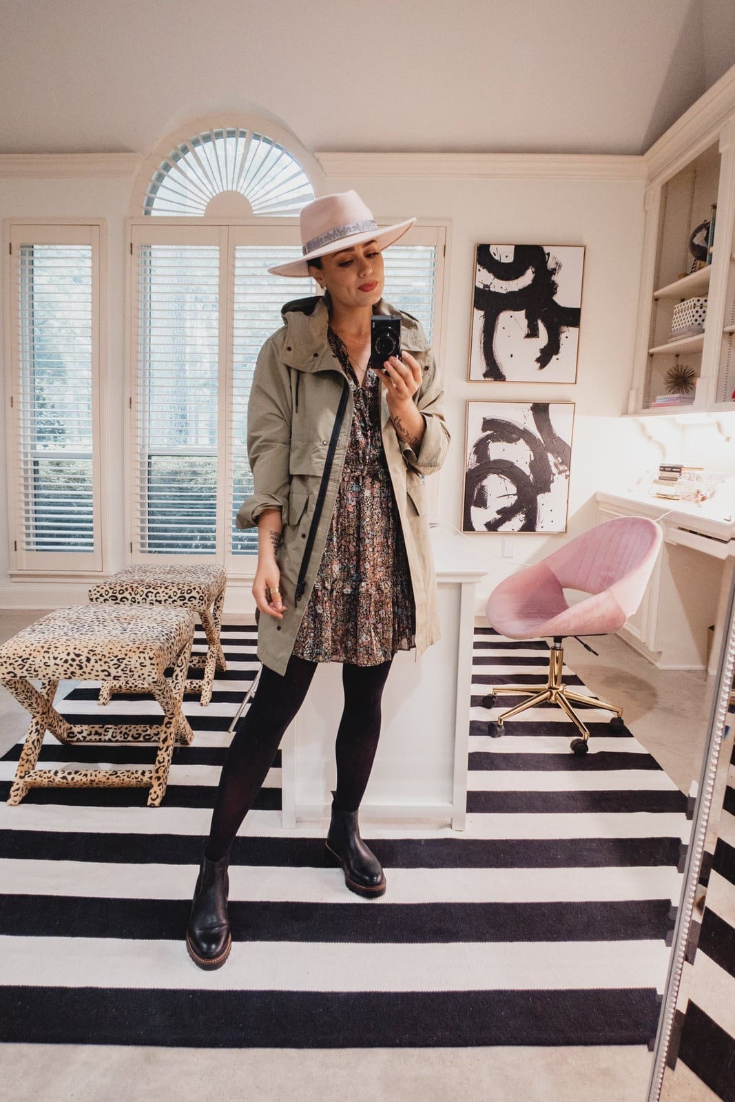 Khaki Utility Jacket Over Patterned Mini Dress, Office-Safe Version — Rain Jacket Outfits