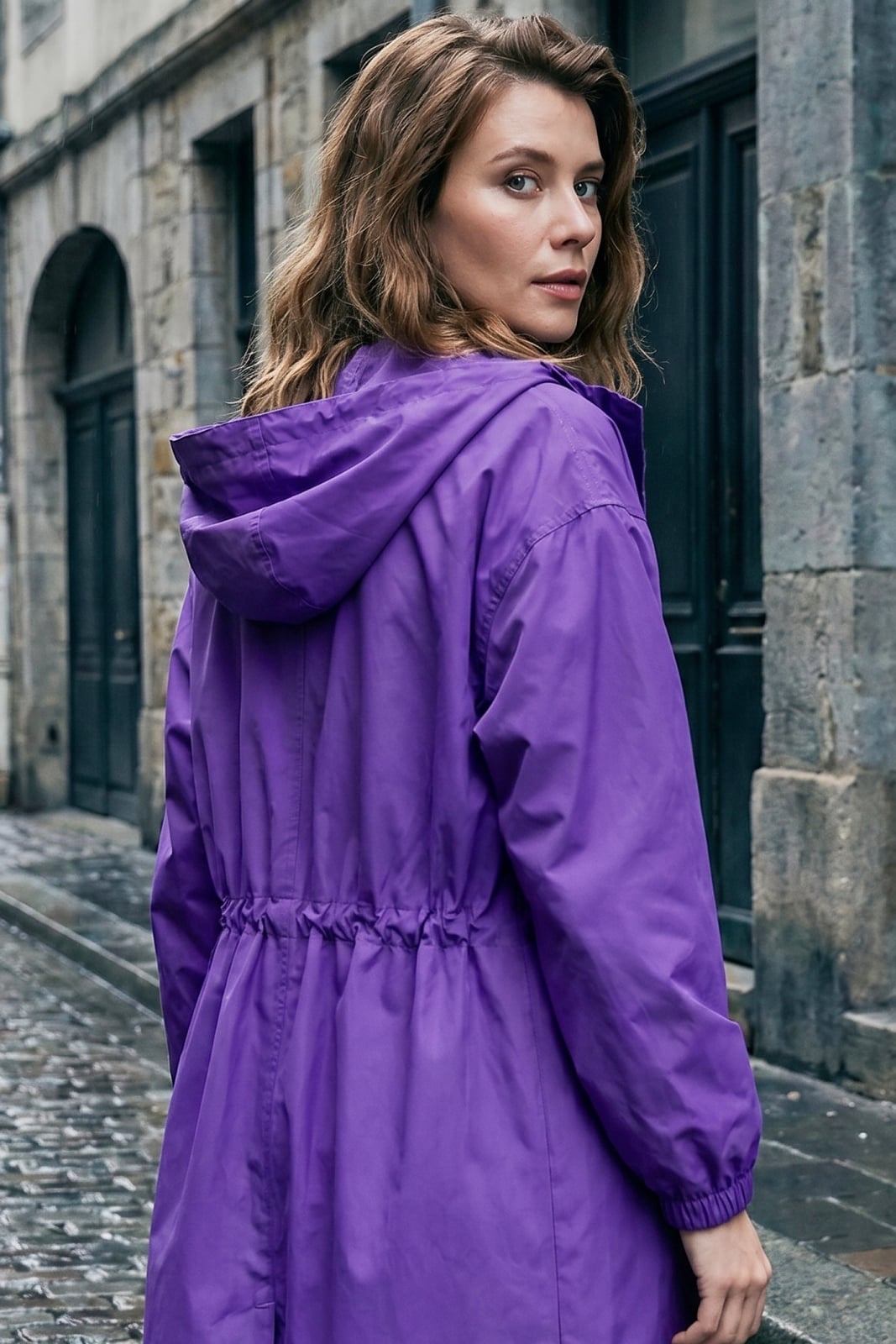 Vibrant Purple Oversized Hooded Jacket with Cinched Waist — Rain Jacket Outfits