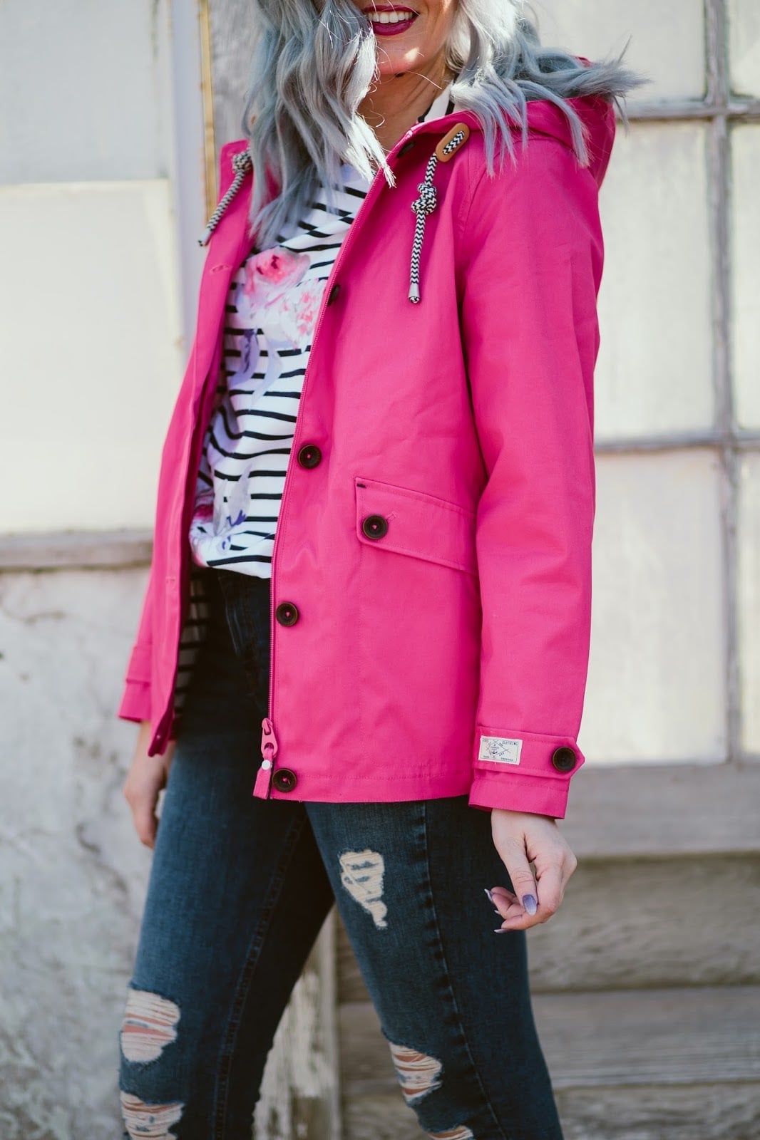 Bright Pink Jacket Over Floral and Striped, Office-Safe Version — Rain Jacket Outfits