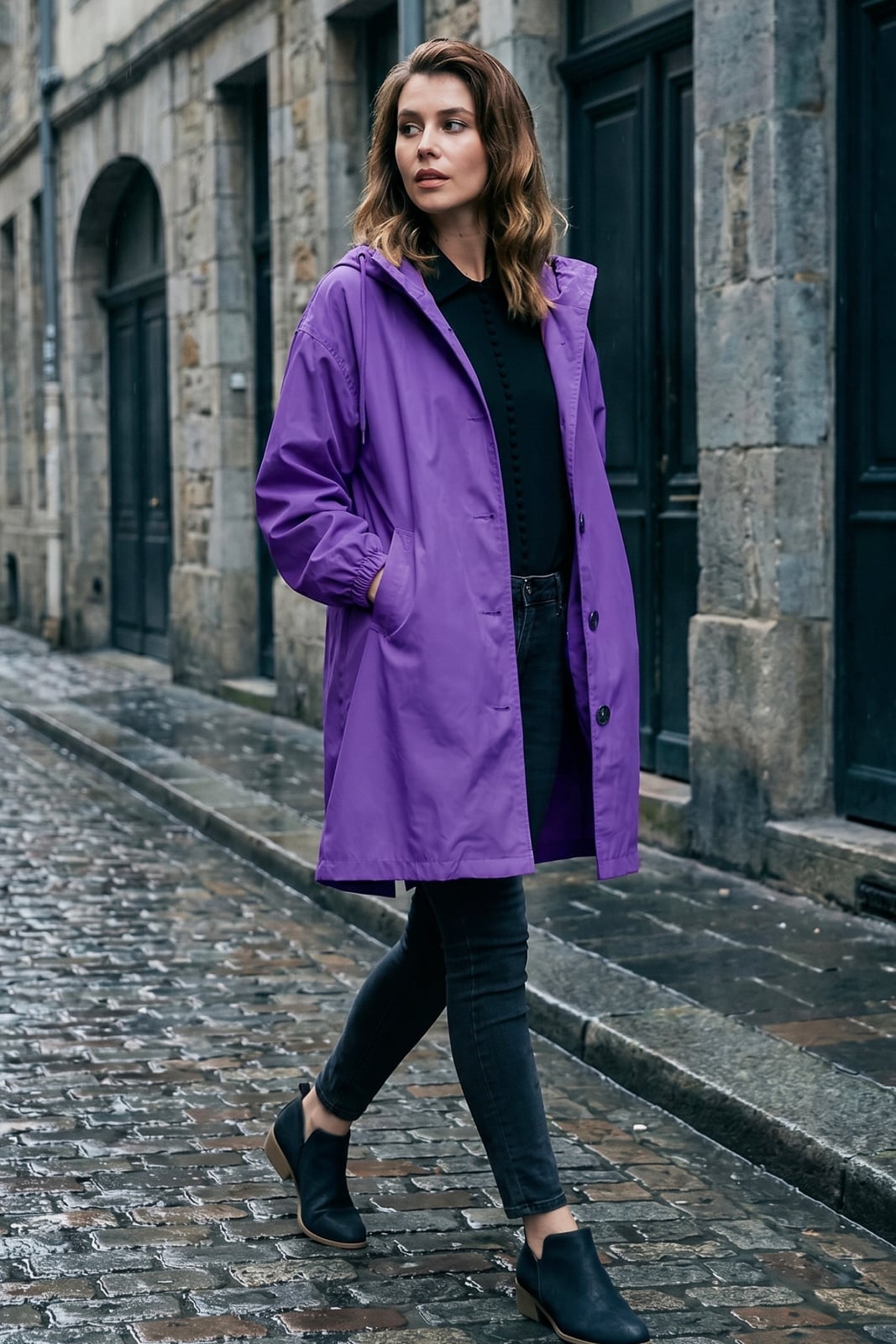 Vibrant Purple Oversized Hooded Jacket with Cinched, Low-Key Version — Rain Jacket Outfits