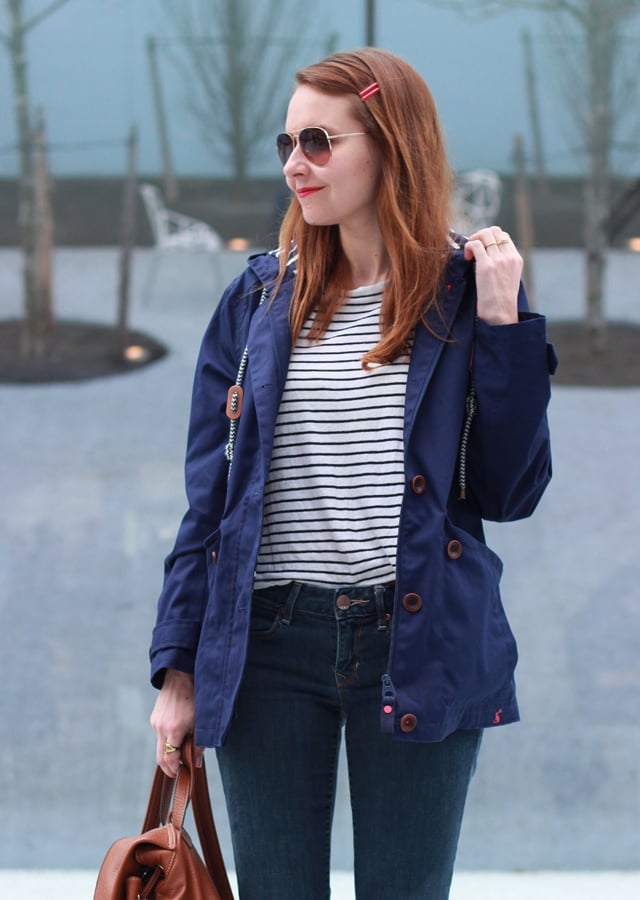 Navy Hooded Rain Jacket Over Striped T-Shirt and Jeans — Rain Jacket Outfits