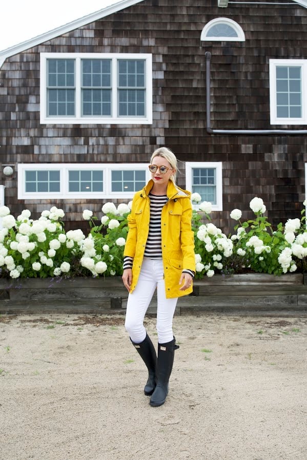 Bright Yellow Hooded Rain Jacket with White Jeans and Wellington Boots — Rain Jacket Outfits