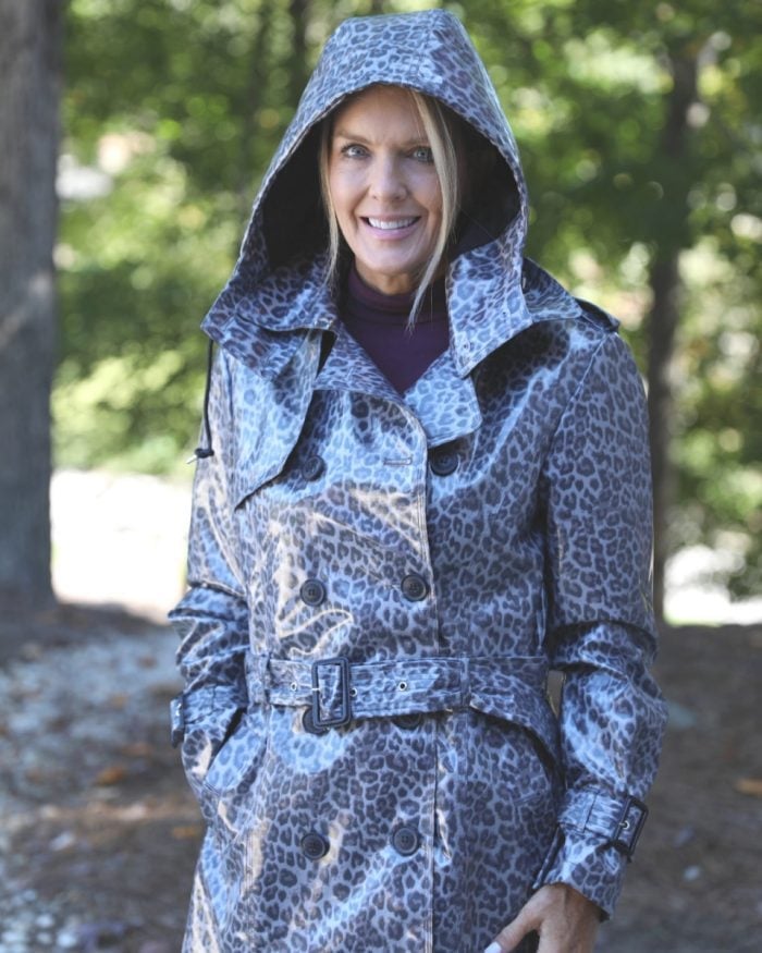 Gray and Black Leopard Print Trench Coat with Hood — Rain Jacket Outfits