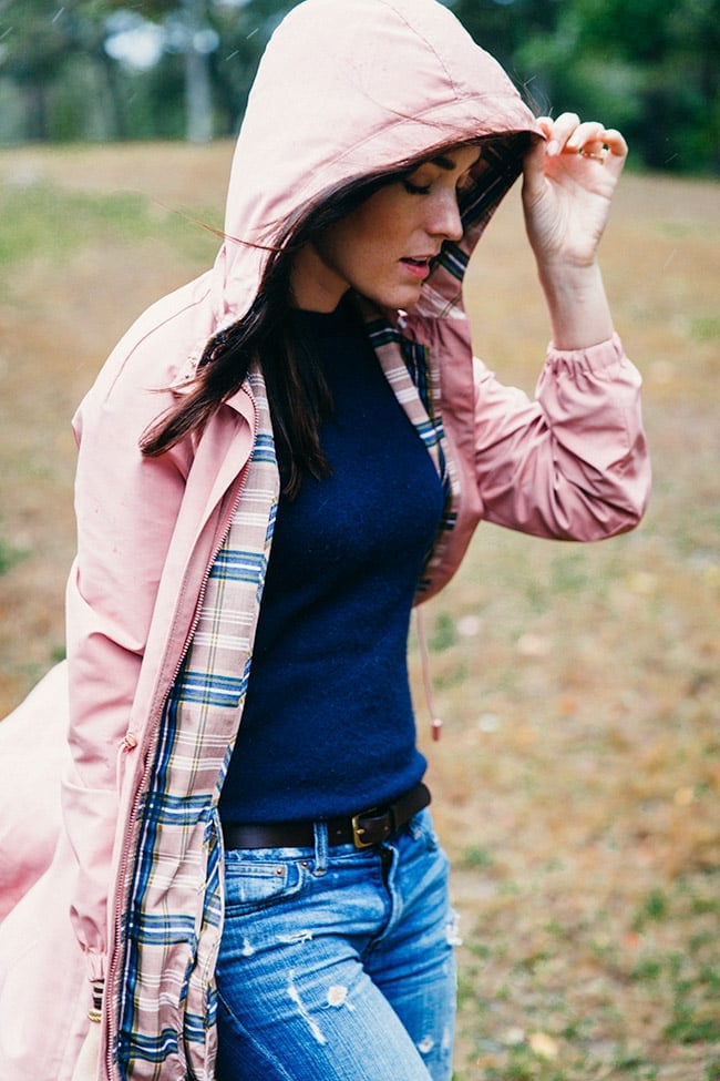 Pink Hooded Jacket with Plaid Lining and Distressed Jeans — Rain Jacket Outfits