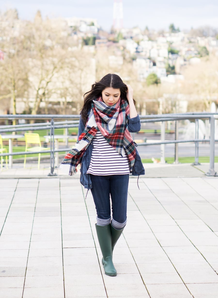 Denim Jacket Over Striped T-Shirt with Green Rain Boots — Rain Jacket Outfits