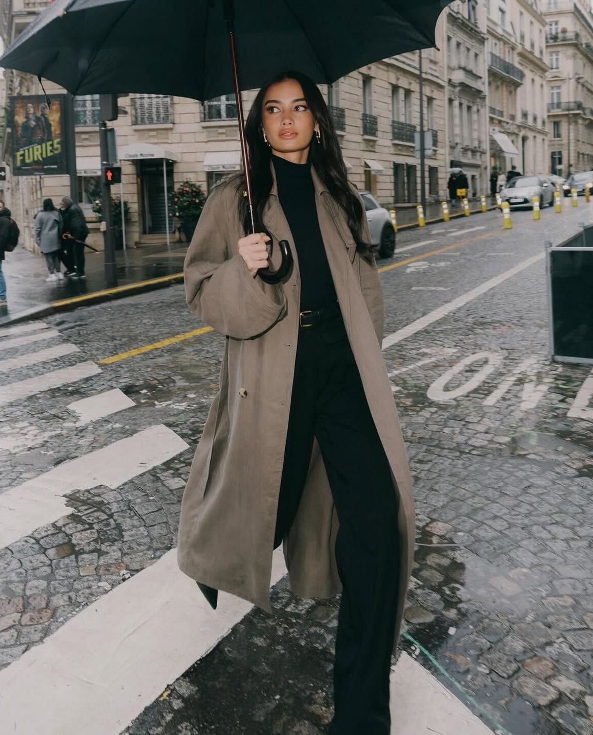 Khaki Trench Coat Over Black Turtleneck and Trousers — Rain Jacket Outfits