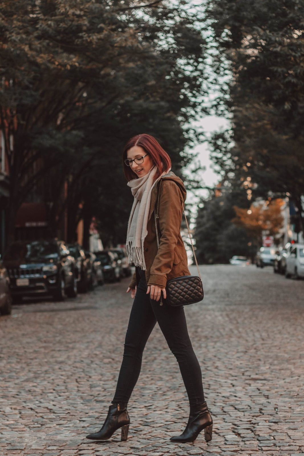 Brown Hooded Jacket Over Light Scarf with Skinny Jeans — Rain Jacket Outfits