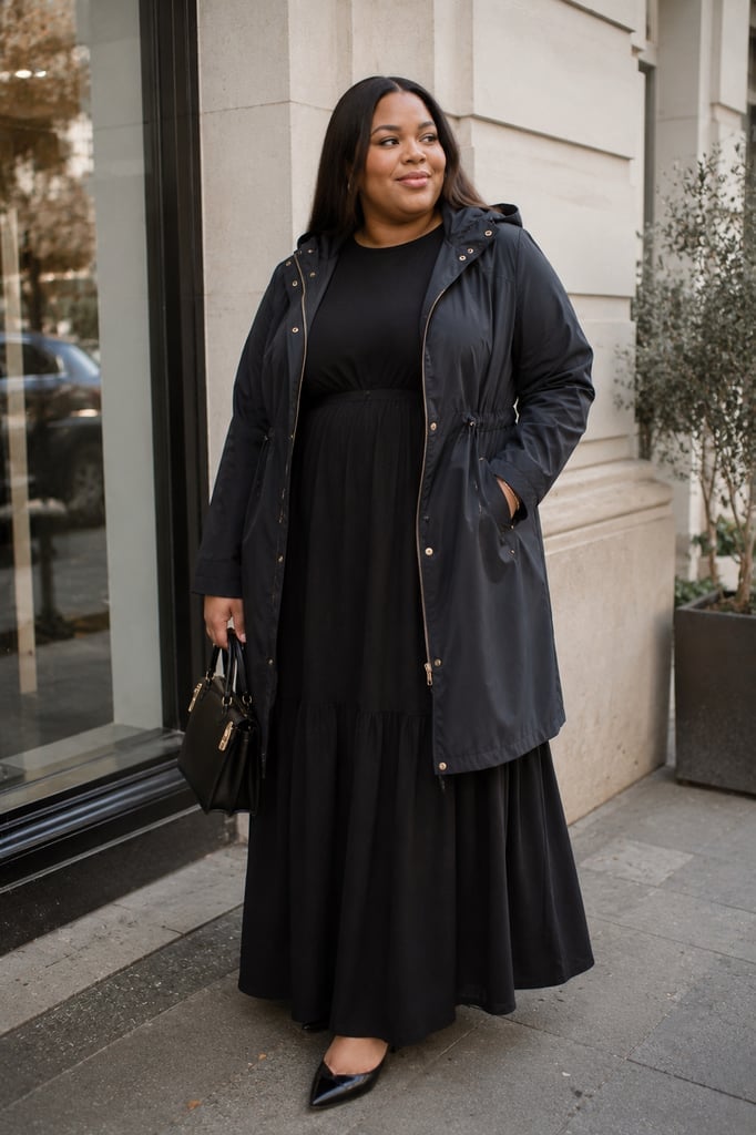 Black Hooded Rain Jacket Over Black Maxi Dress — Rain Jacket Outfits