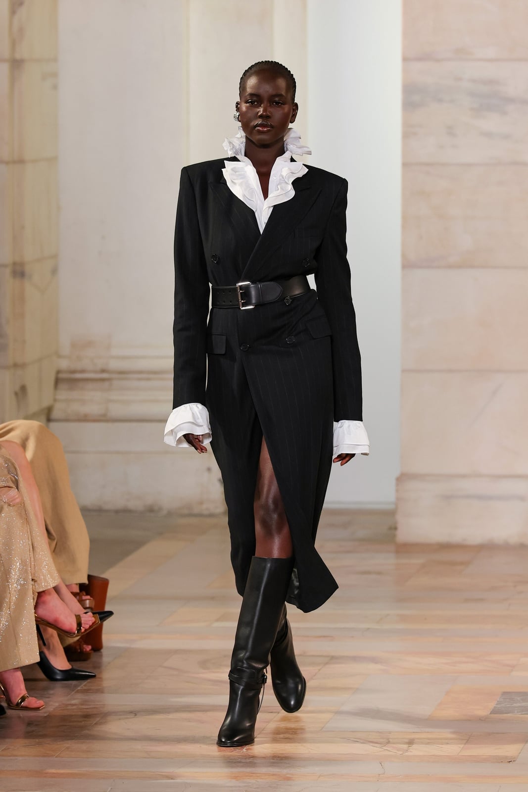 Pinstripe Blazer Dress with Ruffled Blouse — Ralph Lauren Outfits
