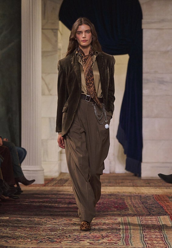 Brown Velvet Blazer with Leopard Heels — Ralph Lauren Outfits