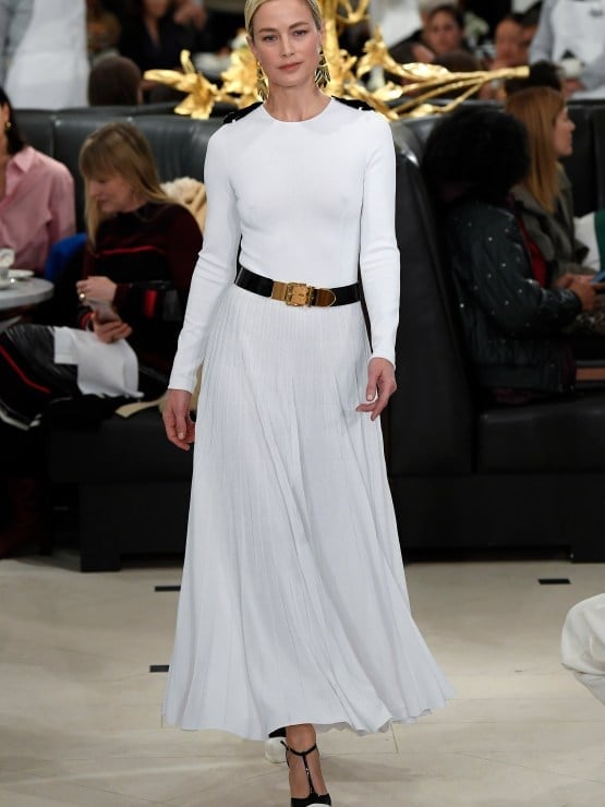 White Knit Top and Pleated Skirt with Gold Belt — Ralph Lauren Outfits