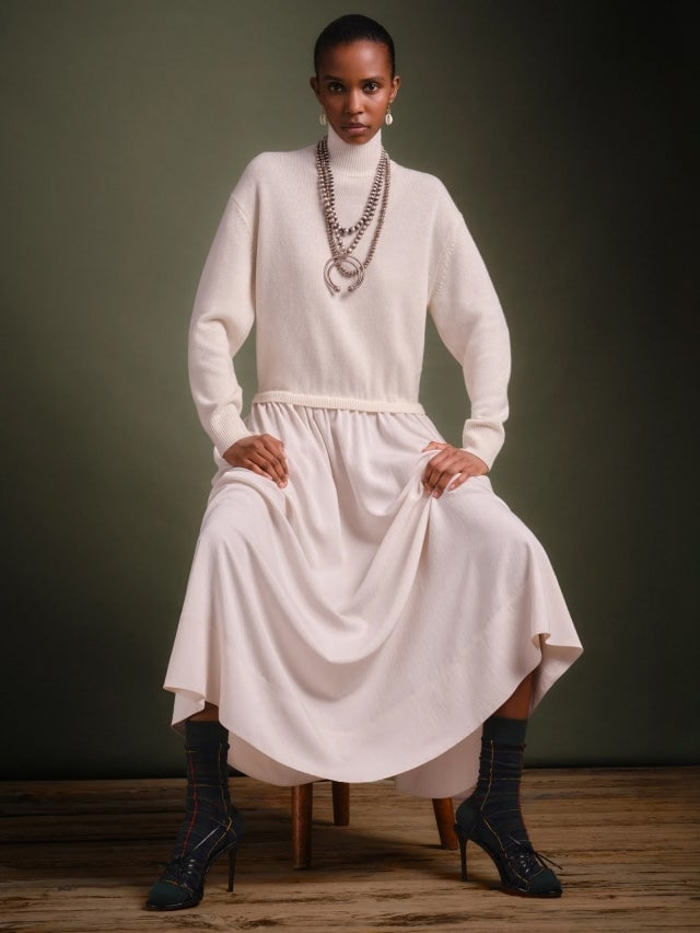 Cream Turtleneck Sweater Dress and Midi Skirt — Ralph Lauren Outfits