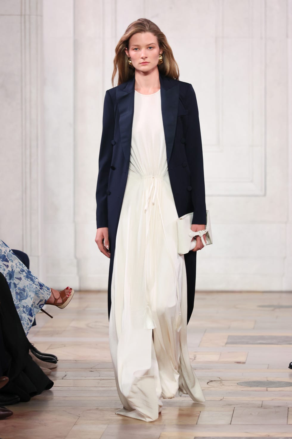 Flowing White Dress with Navy Blazer — Ralph Lauren Outfits