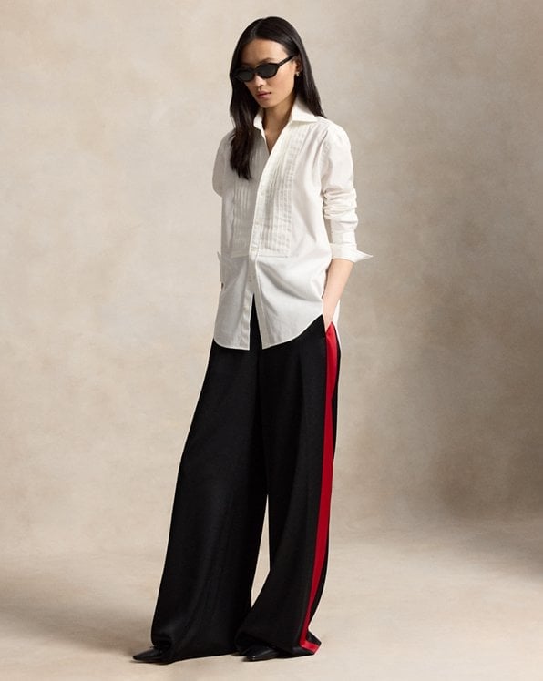 White Tuxedo Shirt with Red Stripe Trousers — Ralph Lauren Outfits