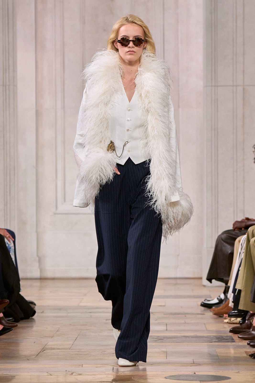 White Waistcoat and Feather Boa Look — Ralph Lauren Outfits