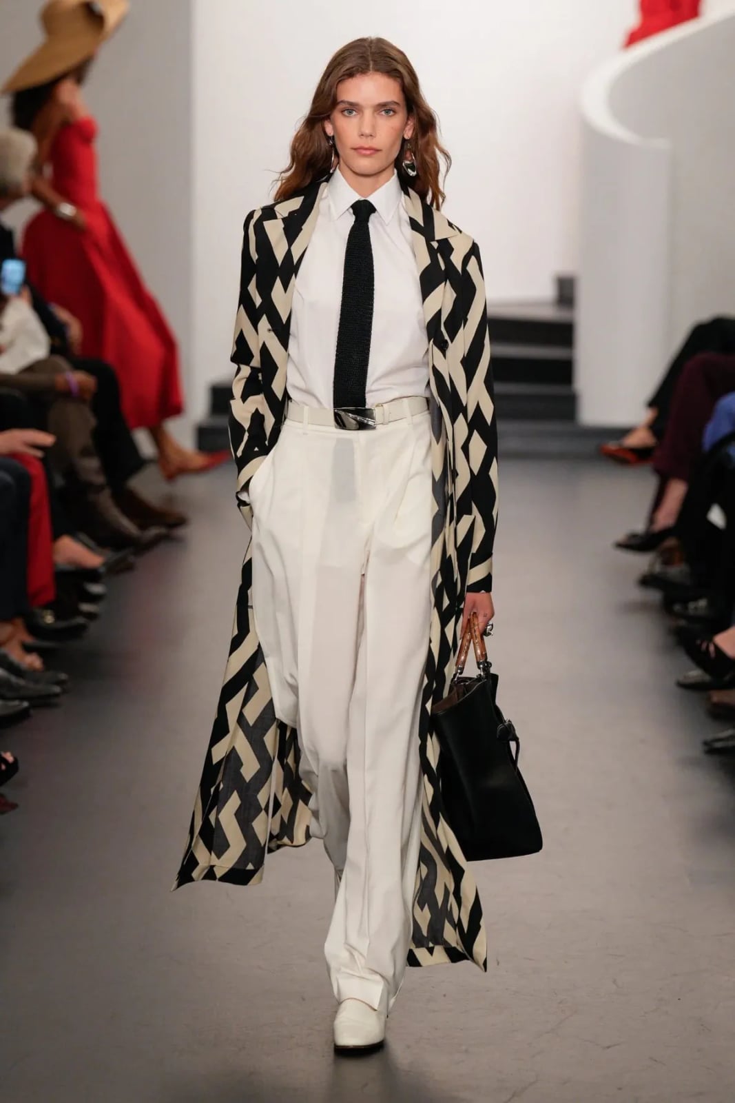 Geometric Print Coat and White Trousers — Ralph Lauren Outfits