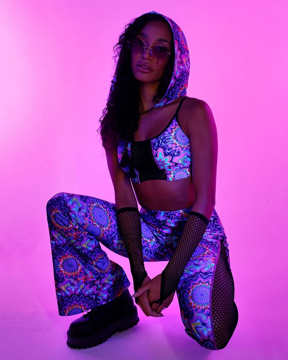 Psychedelic Print Hooded Crop Top With Flare Pants — Rave Outfits