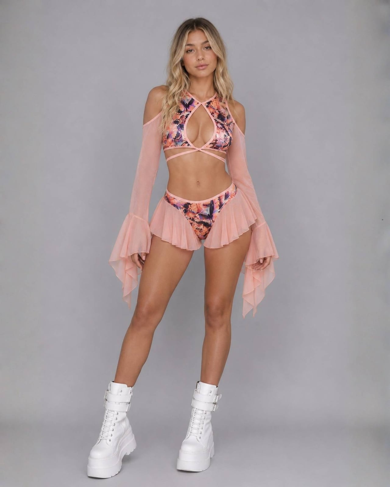 Printed Crop Top Set With Ruffled Cold-Shoulder Sleeves — Rave Outfits