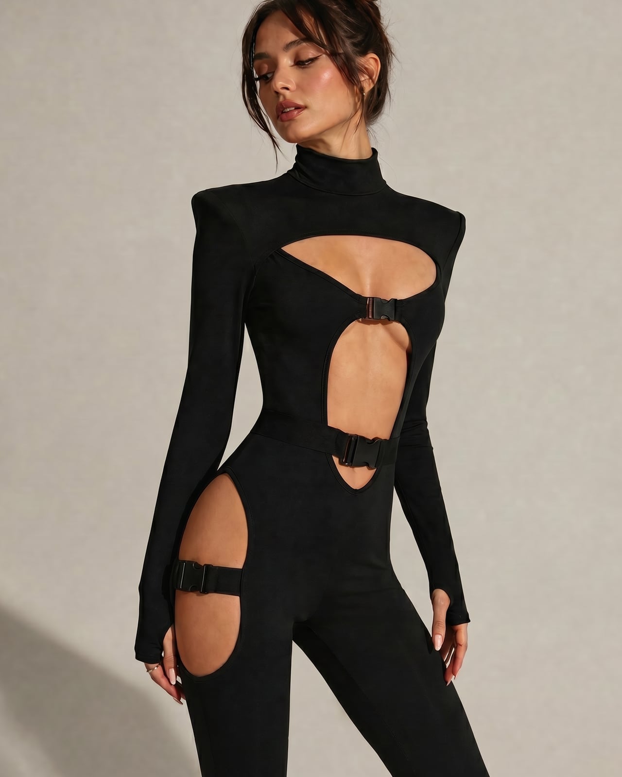 Edgy Black Bodysuit With Extreme Cutouts and Buckles — Rave Outfits