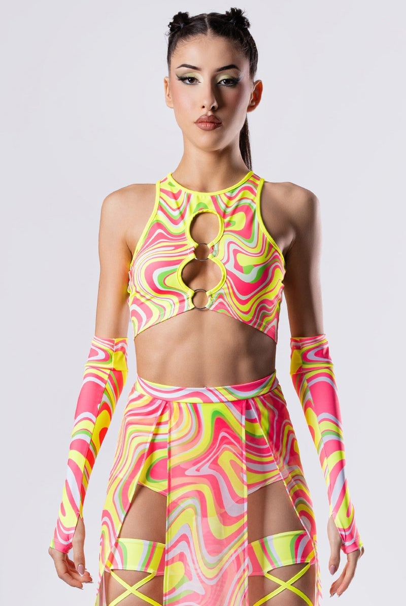 Psychedelic Swirl Print Crop Top With Skirt and Shorts — Rave Outfits