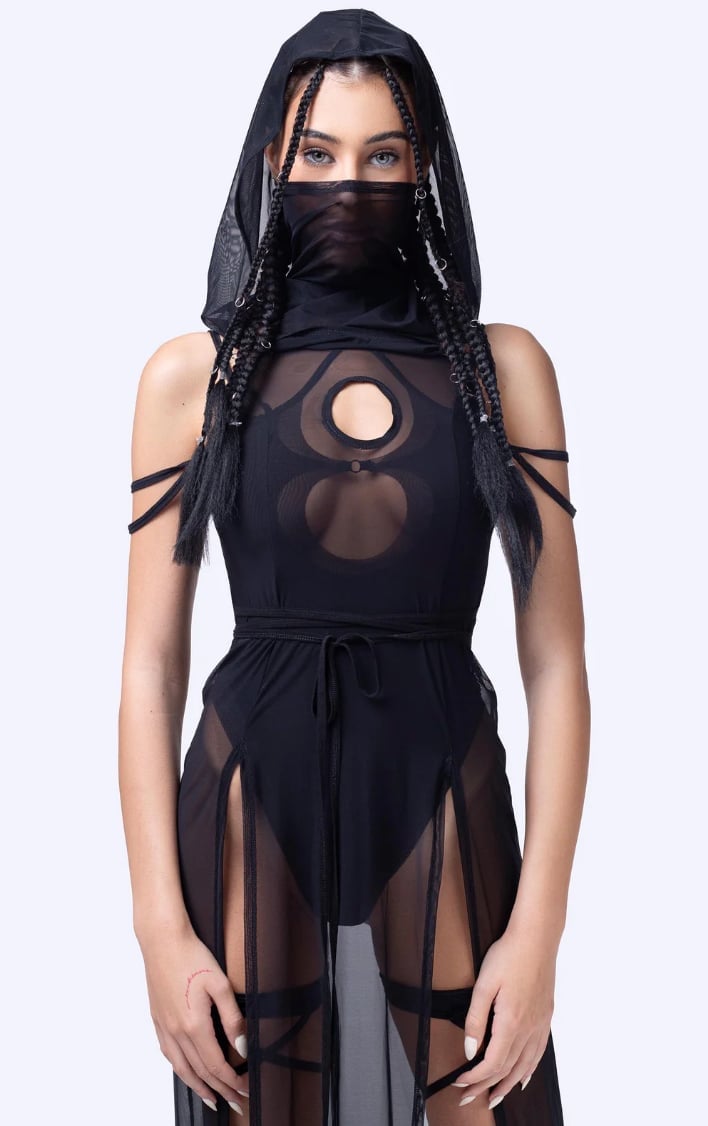 Sheer Hooded Overlay Dress Over Black Bodysuit — Rave Outfits