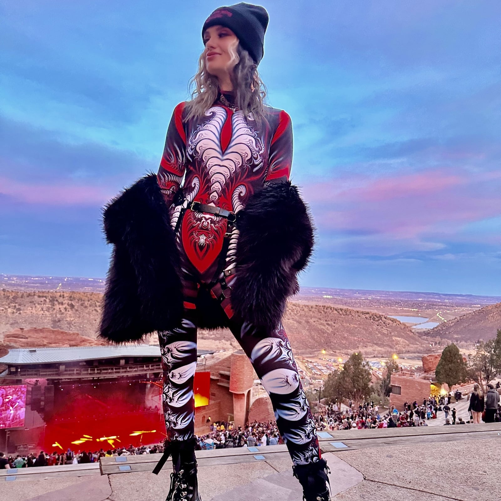 Red Graphic Print Bodysuit With Wide Leg Pants — Rave Outfits
