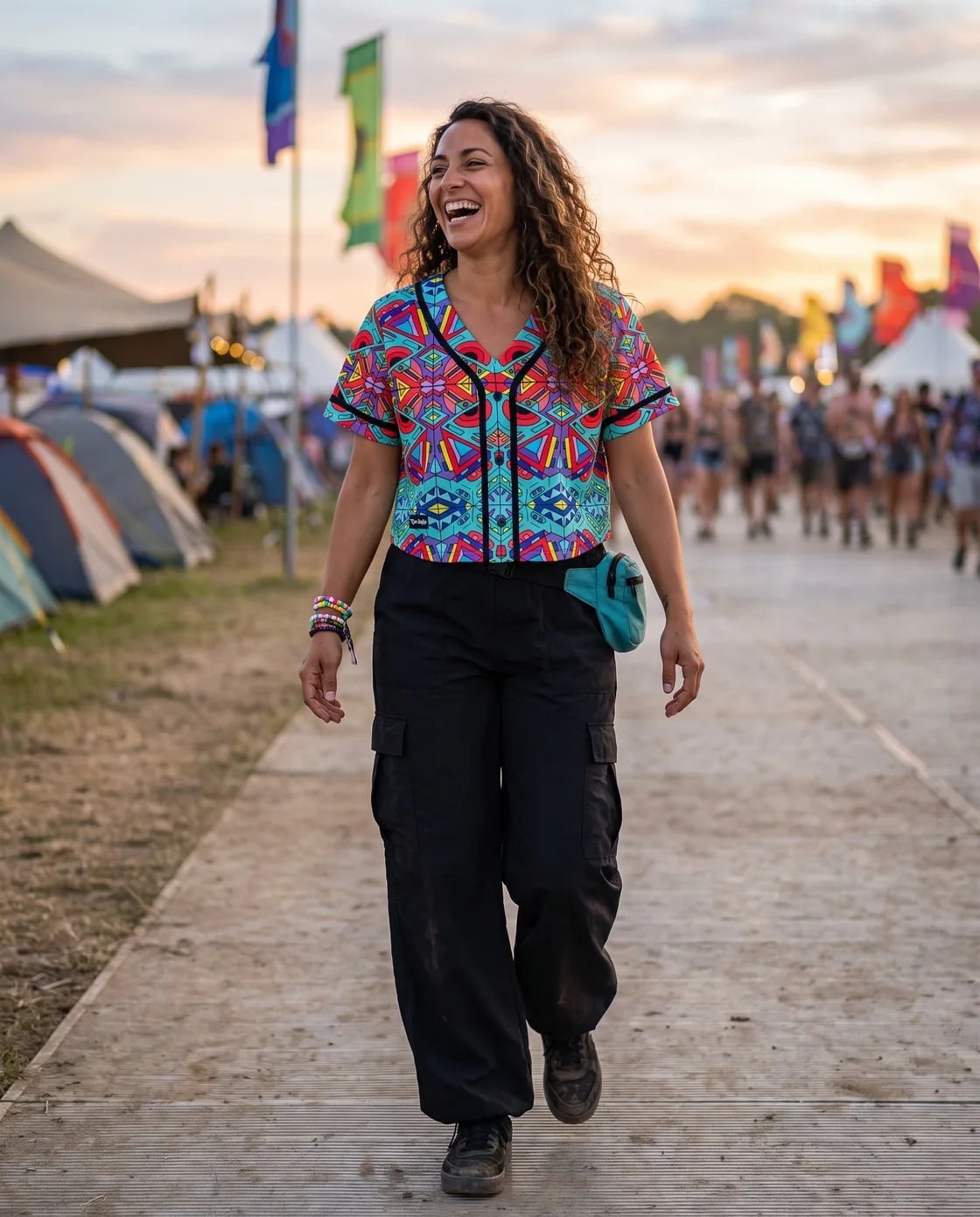 Geometric Print Button-Up Shirt With Cargo Pants — Rave Outfits