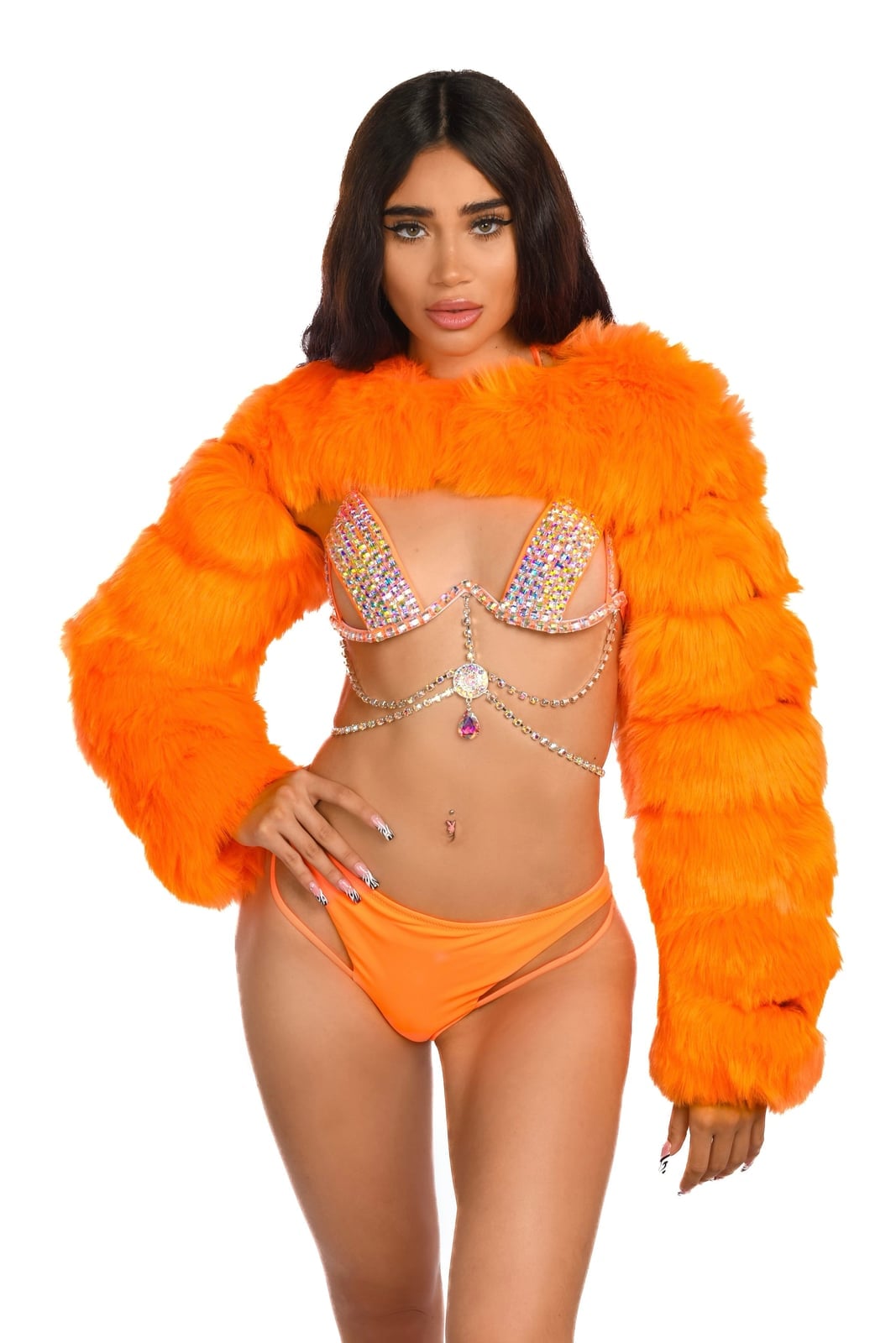 Orange Faux Fur Shrug Over Iridescent Bikini — Rave Outfits