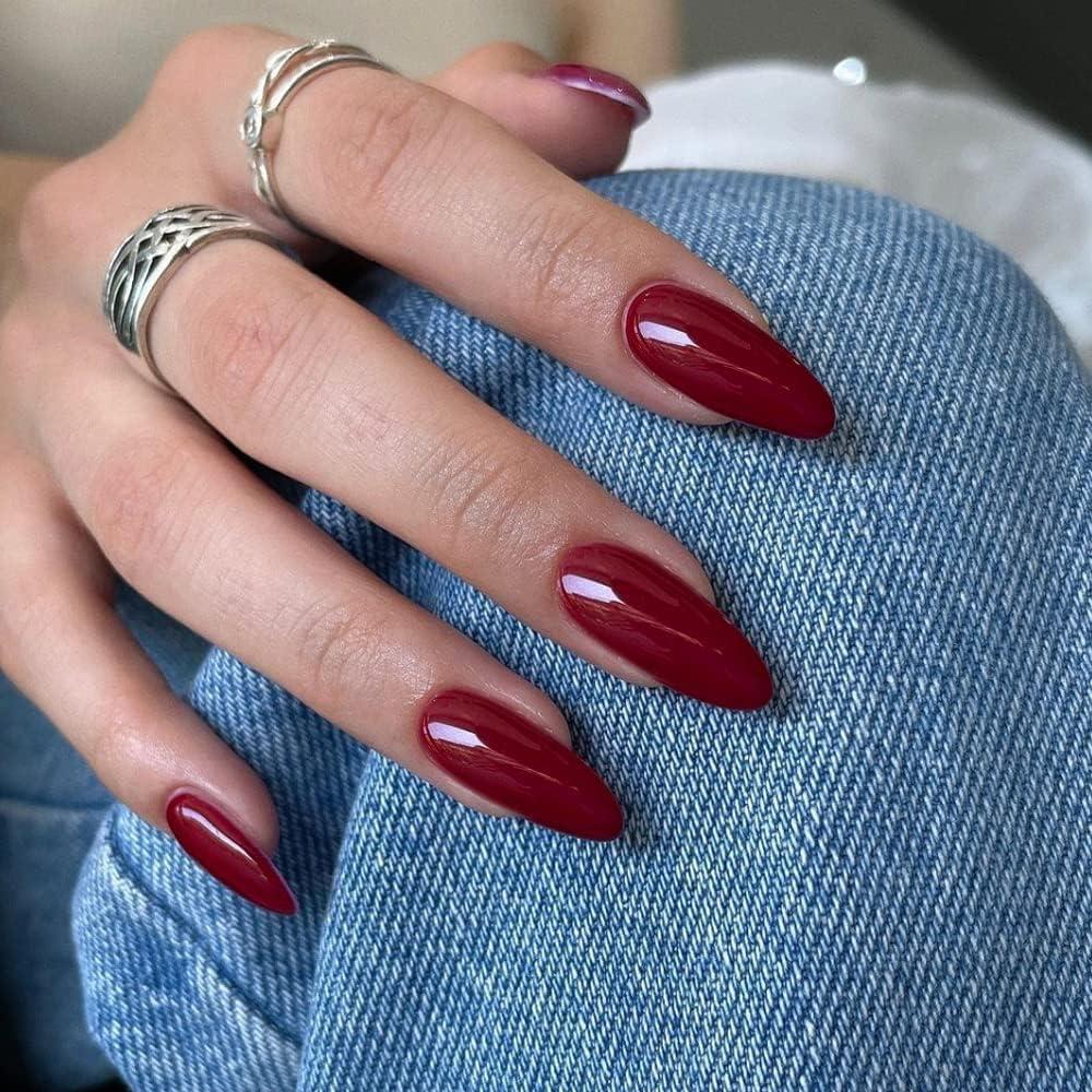 Deep Wine Red Glossy Medium Almond Nails, глянцевый Deep Wine Red Glossy Medium Almond Nails, глянцевый — Red Almond Nails