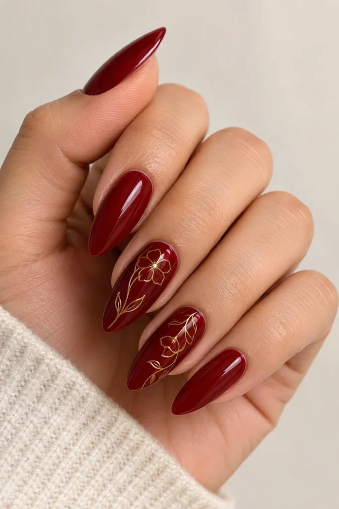 Deep Red Gold Floral Line Art Almond Nails Deep Red Gold Floral Line Art Almond Nails — Red Almond Nails