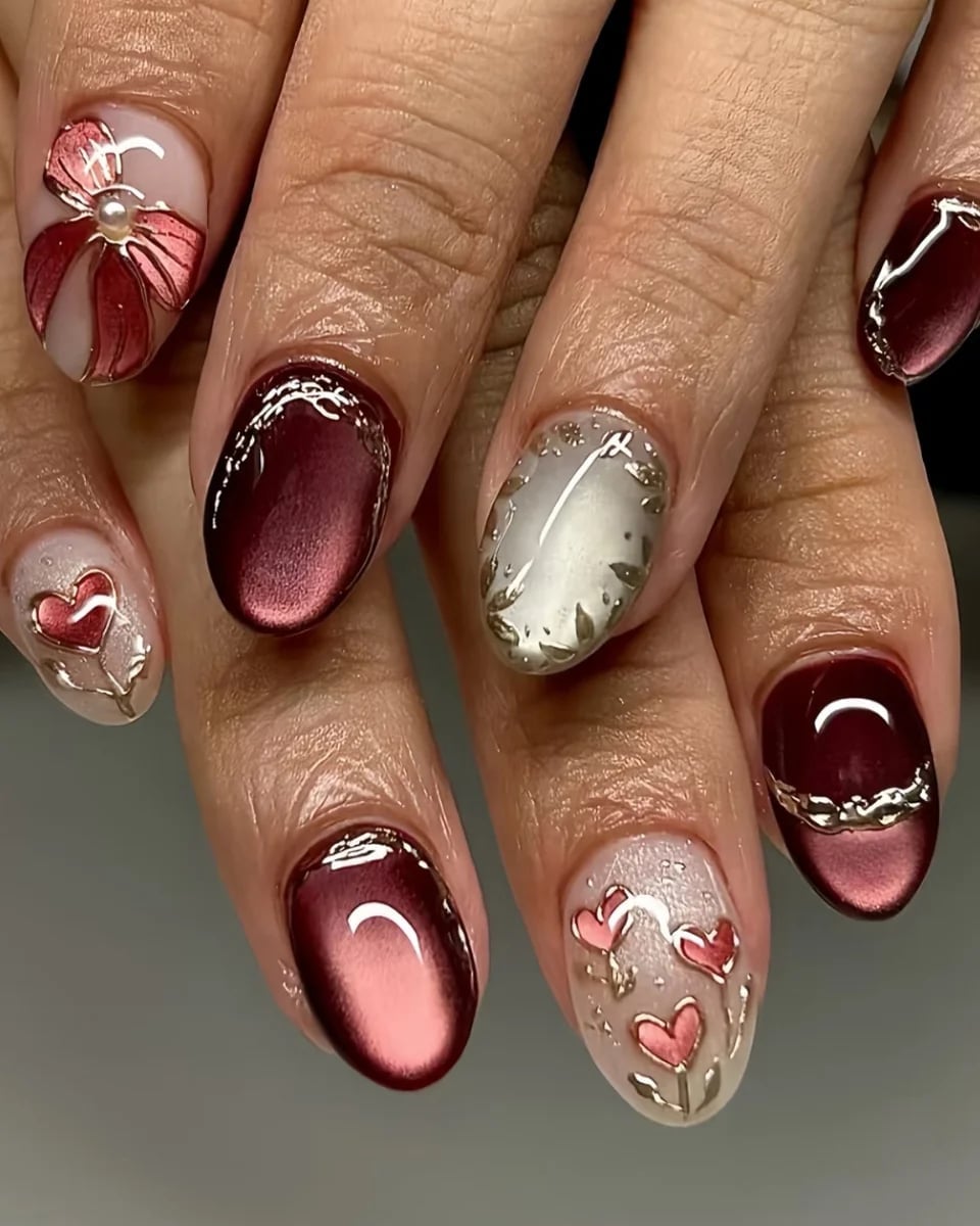 Red Heart Cat-Eye Glossy Medium Almond Nails Red Heart Cat-Eye Glossy Medium Almond Nails — Red Almond Nails