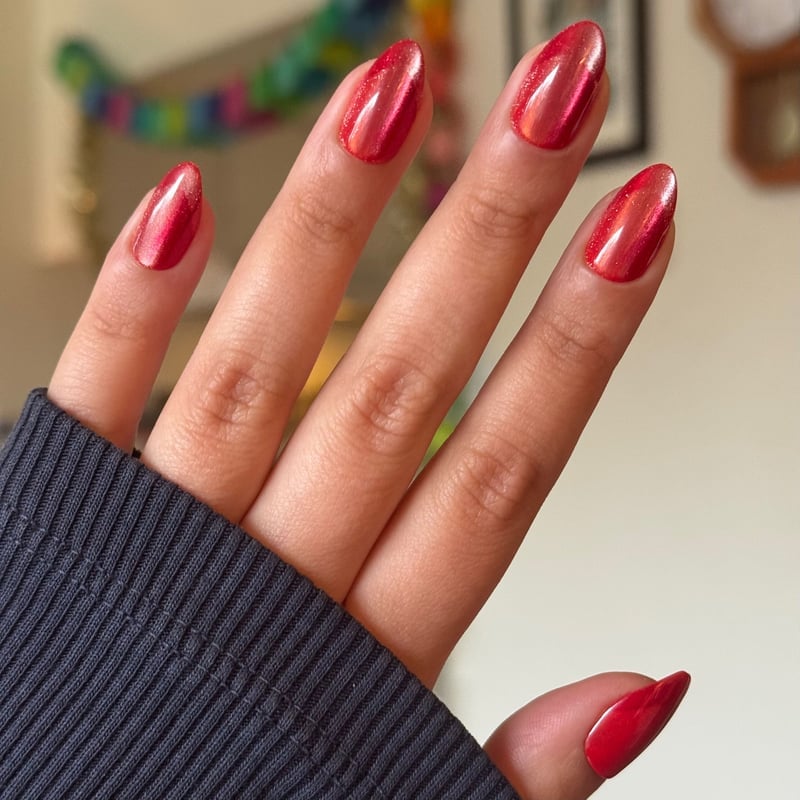 Deep Red Glossy Cat-Eye Long Almond, Office-Safe Version Deep Red Glossy Cat-Eye Long Almond, Office-Safe Version — Red Almond Nails