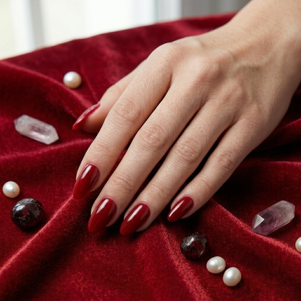 Rich Deep Red Glossy Short Almond Nails, Close-Up Take Rich Deep Red Glossy Short Almond Nails, Close-Up Take — Red Almond Nails