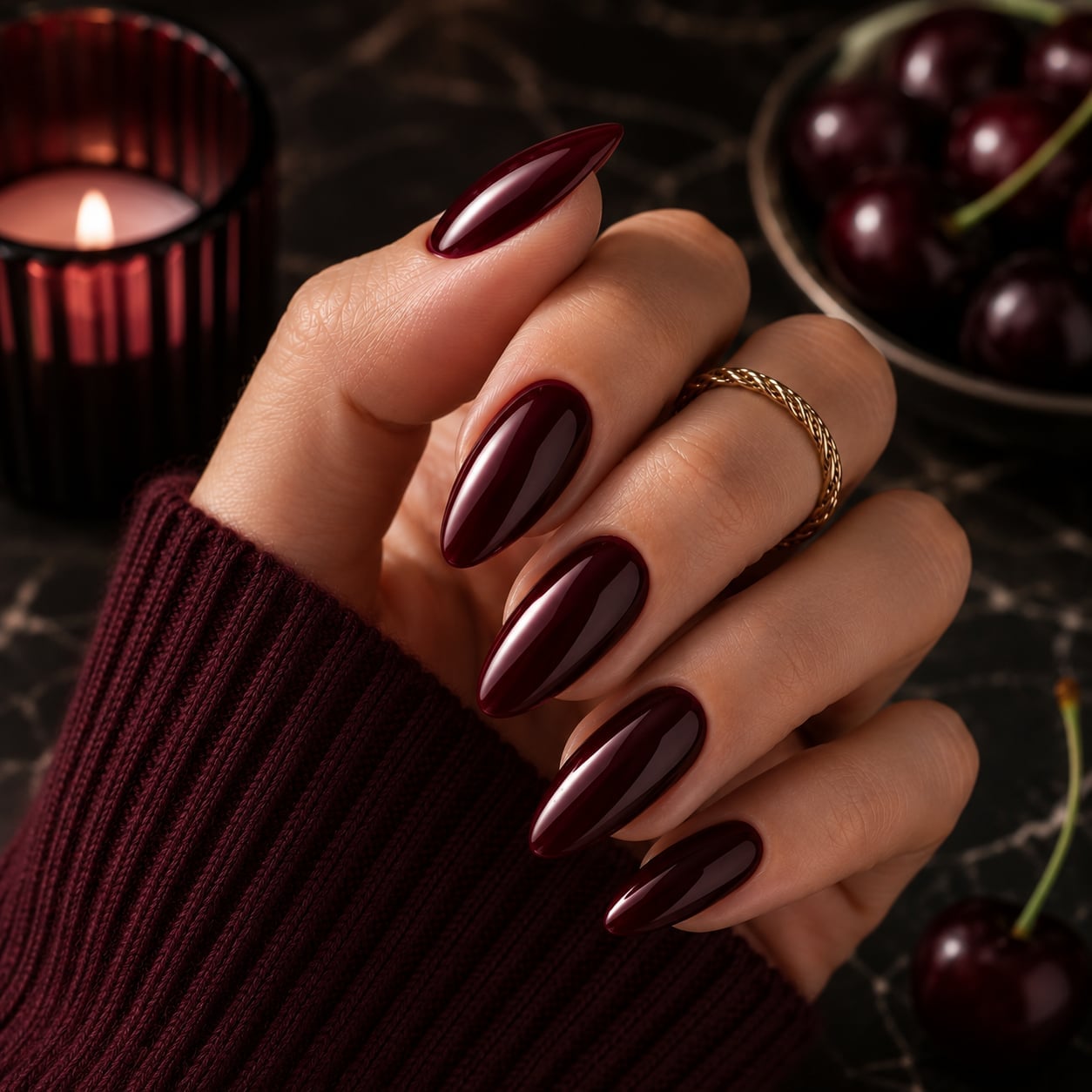 Deep Cherry Red Glossy Long Almond Nails Deep Cherry Red Glossy Long Almond Nails — Red Almond Nails