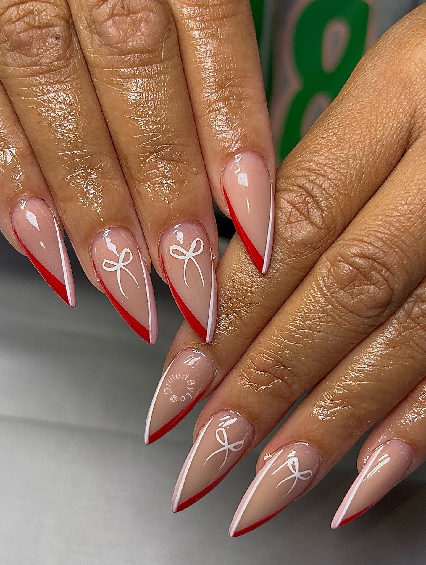 Red and White Bow Stiletto French Tips