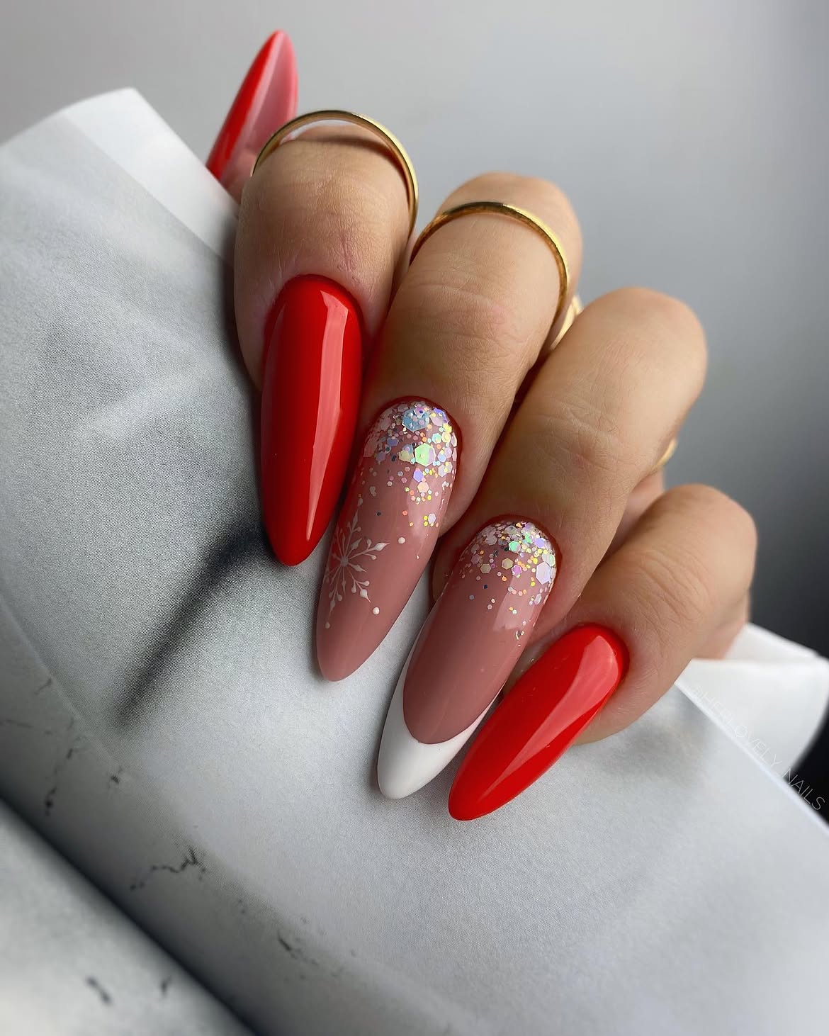 Red and White French Tip Snowflake Nails
