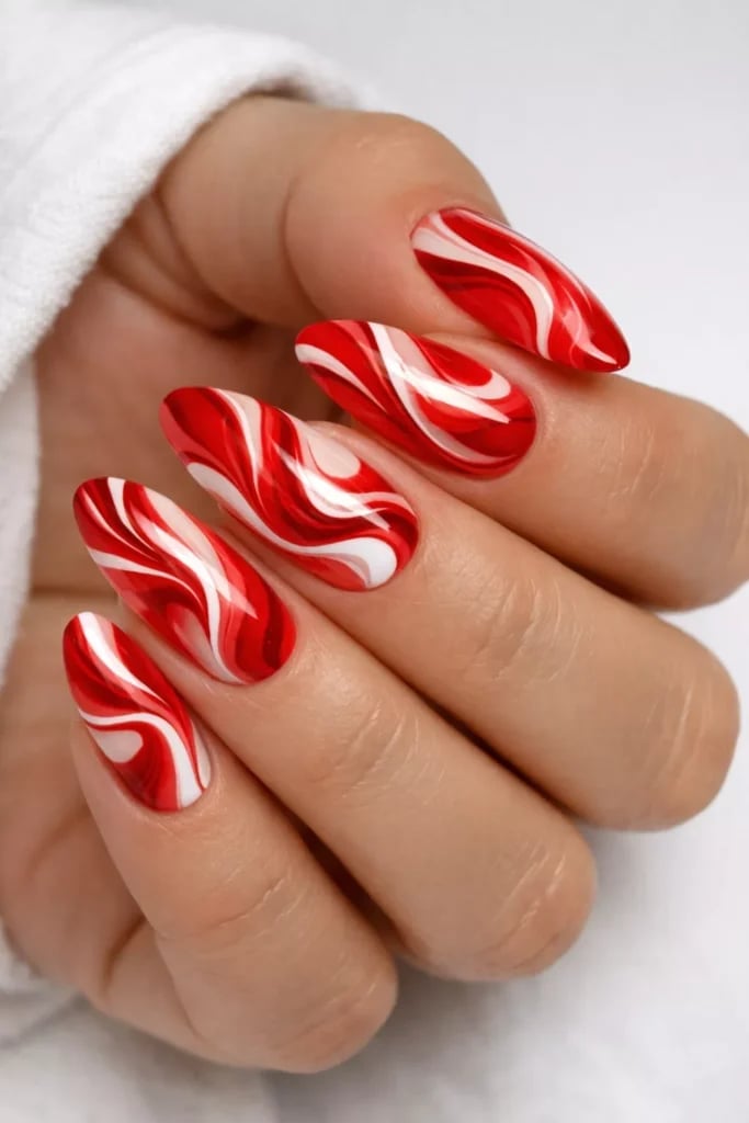 Long Almond Red and White Marble Swirl Nails Long Almond Red and White Marble Swirl Nails — Red and White Nails