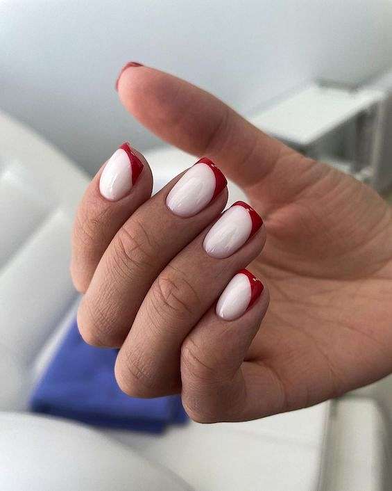 Short Oval Red French Tip Nails Short Oval Red French Tip Nails — Red and White Nails