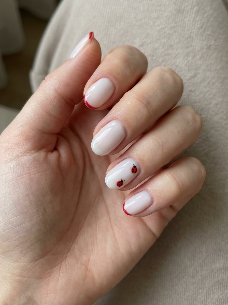 Short Oval Milky White With Red French Tips and Ladybugs Short Oval Milky White With Red French Tips and Ladybugs — Red and White Nails