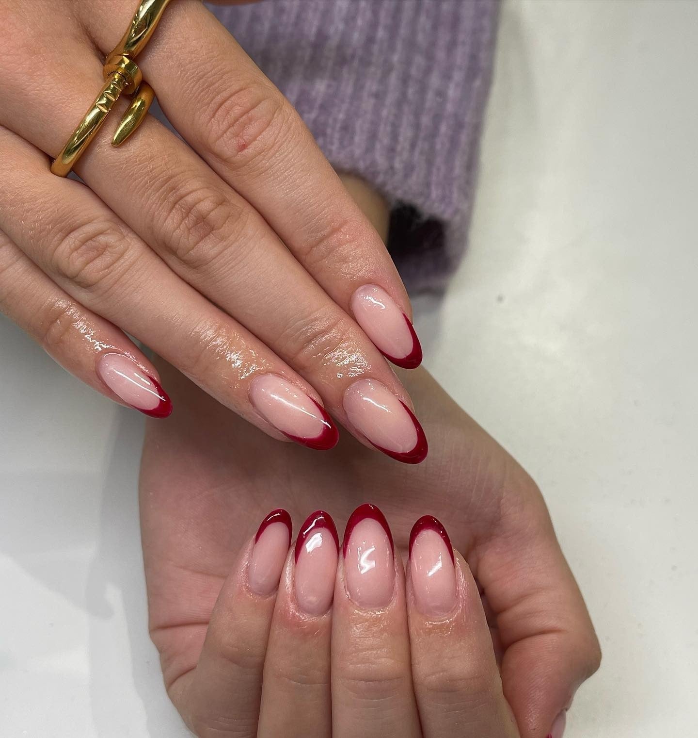 Medium Almond Red French Tips Medium Almond Red French Tips — Red and White Nails
