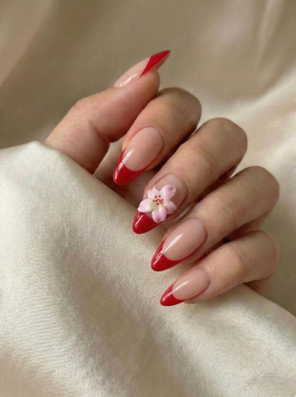 Long Almond Red French Tips With 3D Flower Long Almond Red French Tips With 3D Flower — Red and White Nails